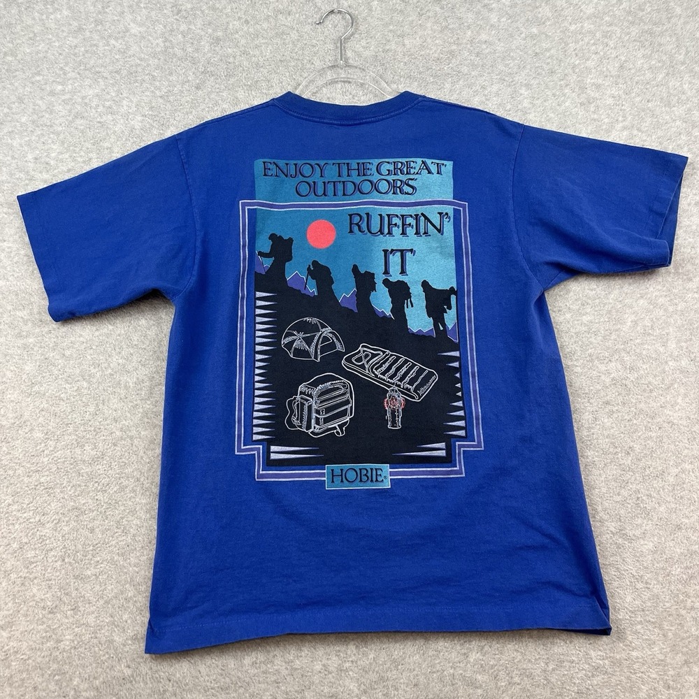 Vintage Hobie Graphic T Shirt Adult Mens M Blue Graphic Camping Hiking Gorpcore